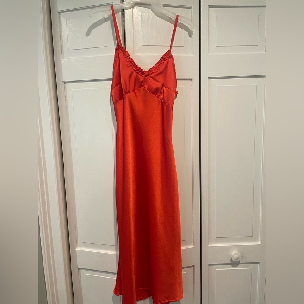 JAPNA Orange Slip Satin Midi Dress